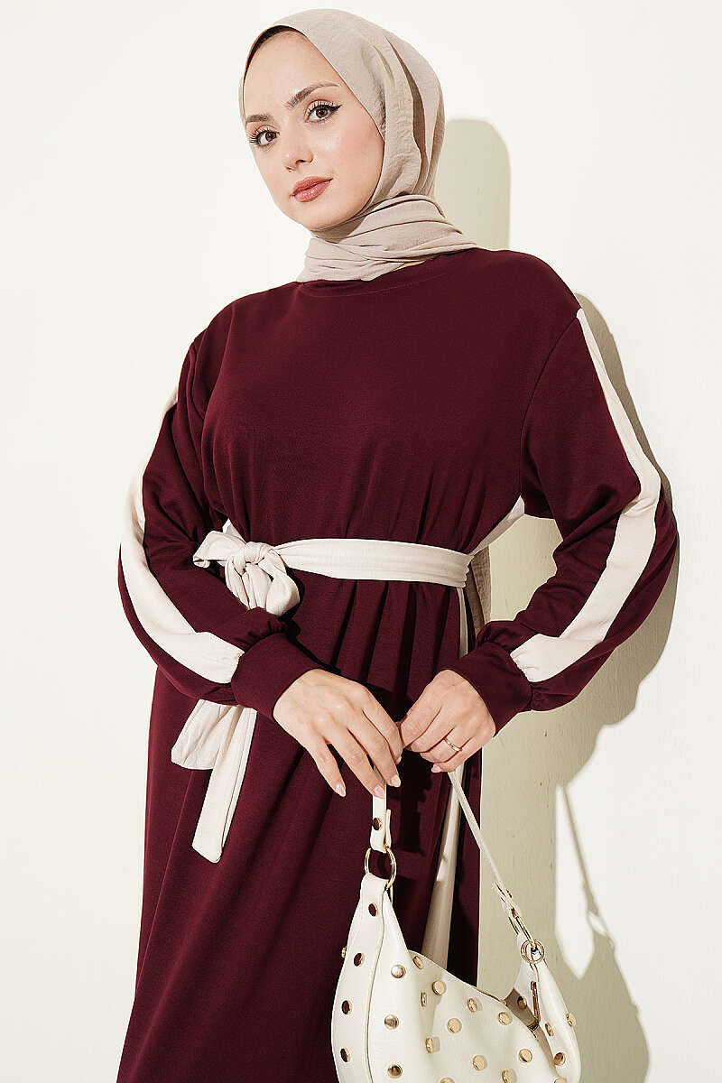 Belted Dress with Stripe Trim - Burgundy