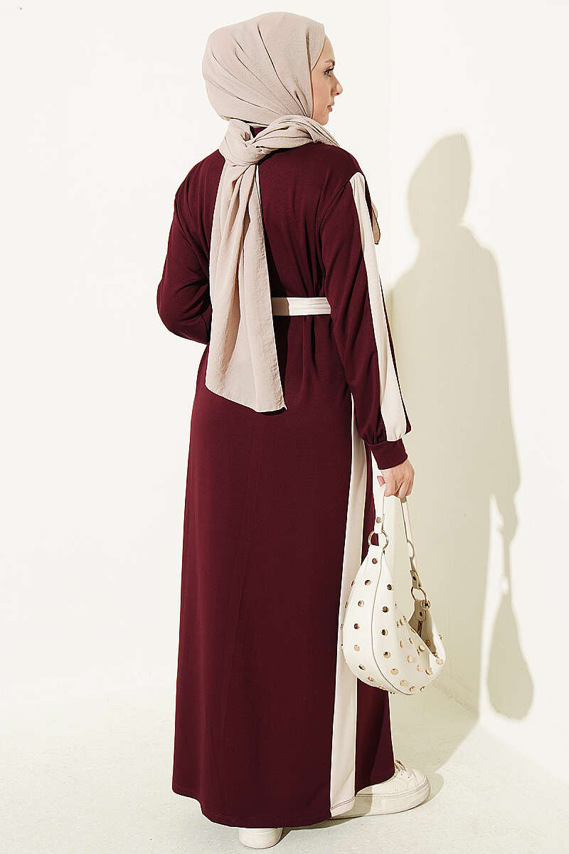 Belted Dress with Stripe Trim - Burgundy
