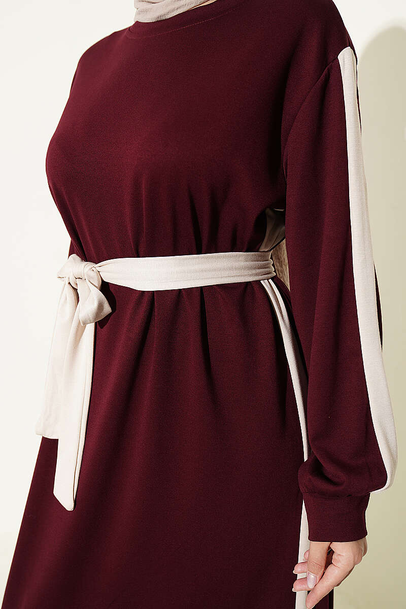 Belted Dress with Stripe Trim - Burgundy