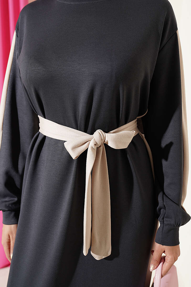Belted Dress with Stripe Trim - Smoke Grey