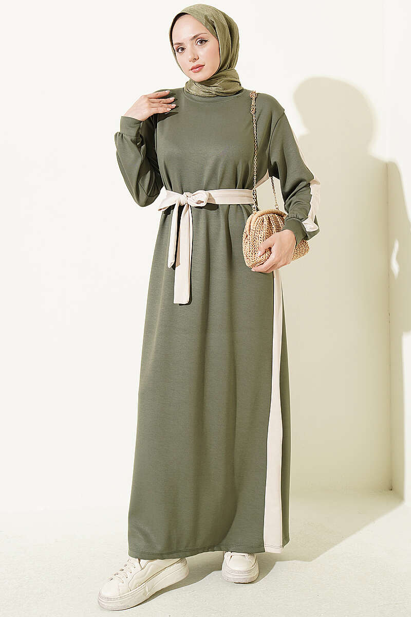 Belted Dress with Stripe Trim - Khaki