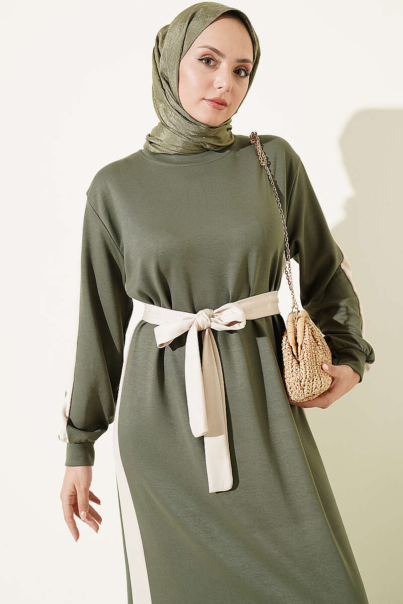 Belted Dress with Stripe Trim - Khaki