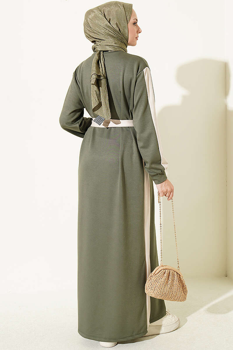 Belted Dress with Stripe Trim - Khaki