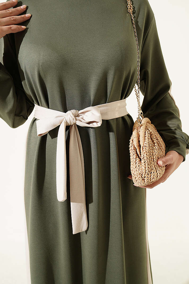 Belted Dress with Stripe Trim - Khaki