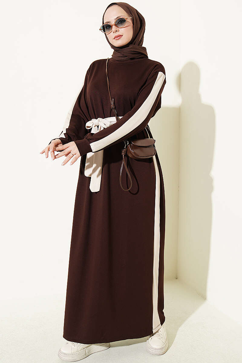 Belted Dress with Stripe Trim - Brown