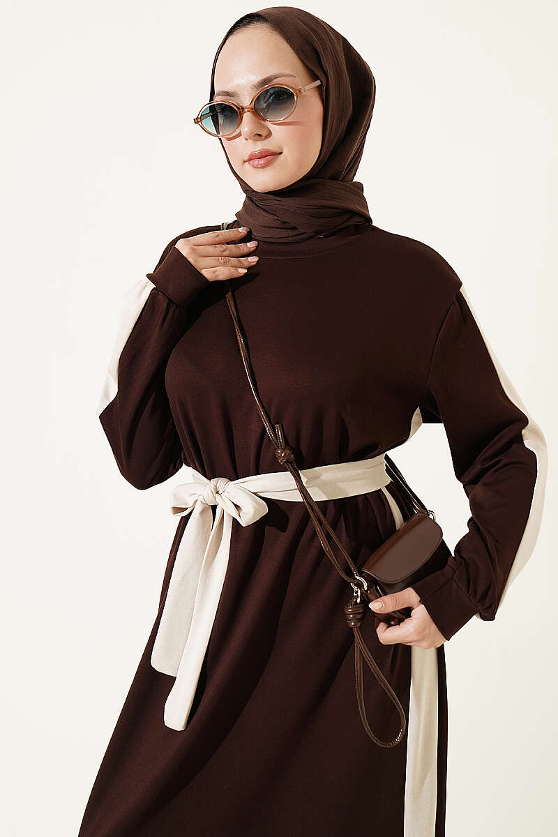 Belted Dress with Stripe Trim - Brown