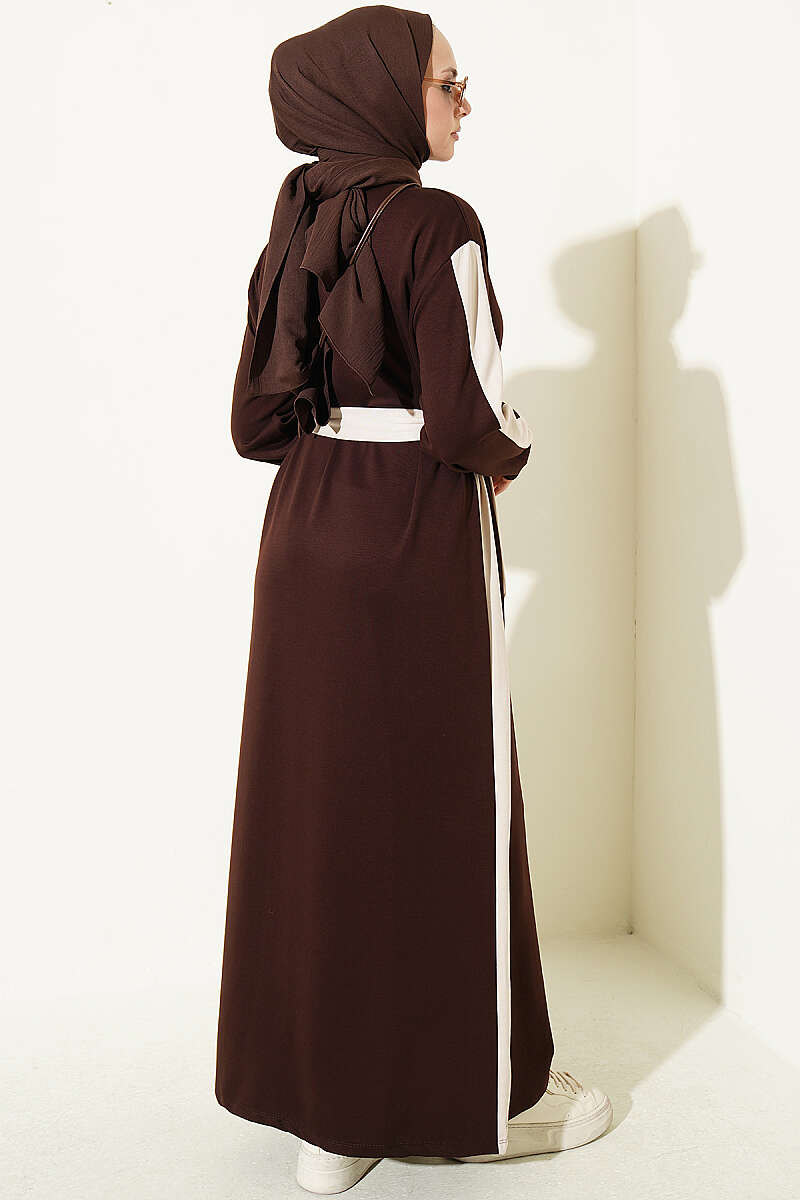 Belted Dress with Stripe Trim - Brown