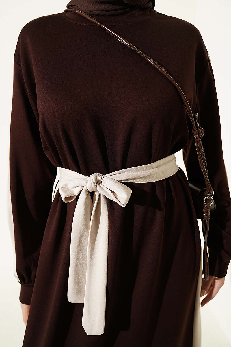 Belted Dress with Stripe Trim - Brown