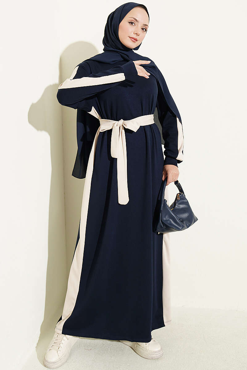Belted Dress with Stripe Trim - Navy