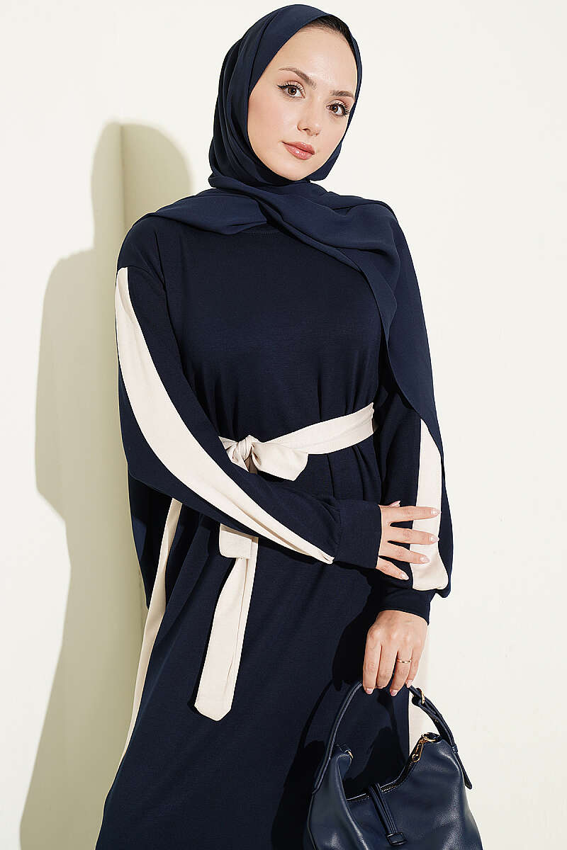 Belted Dress with Stripe Trim - Navy