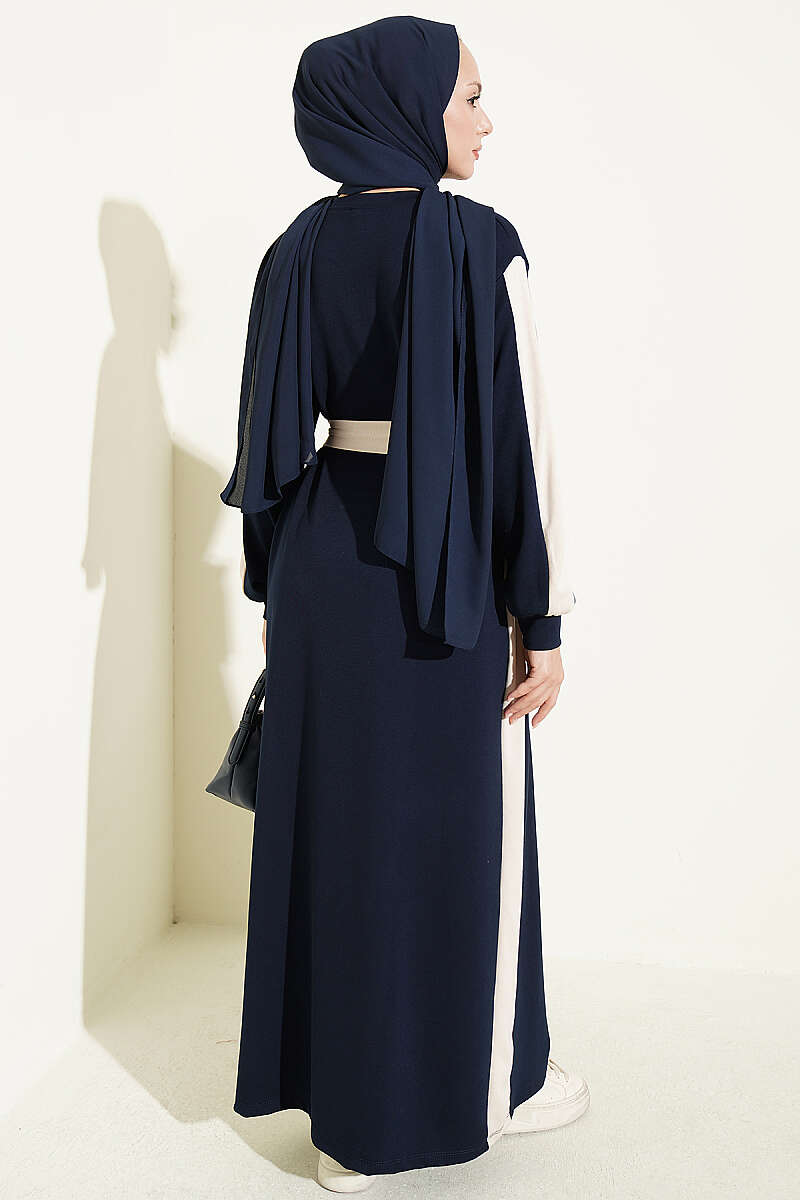 Belted Dress with Stripe Trim - Navy