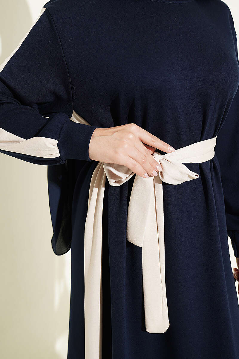Belted Dress with Stripe Trim - Navy