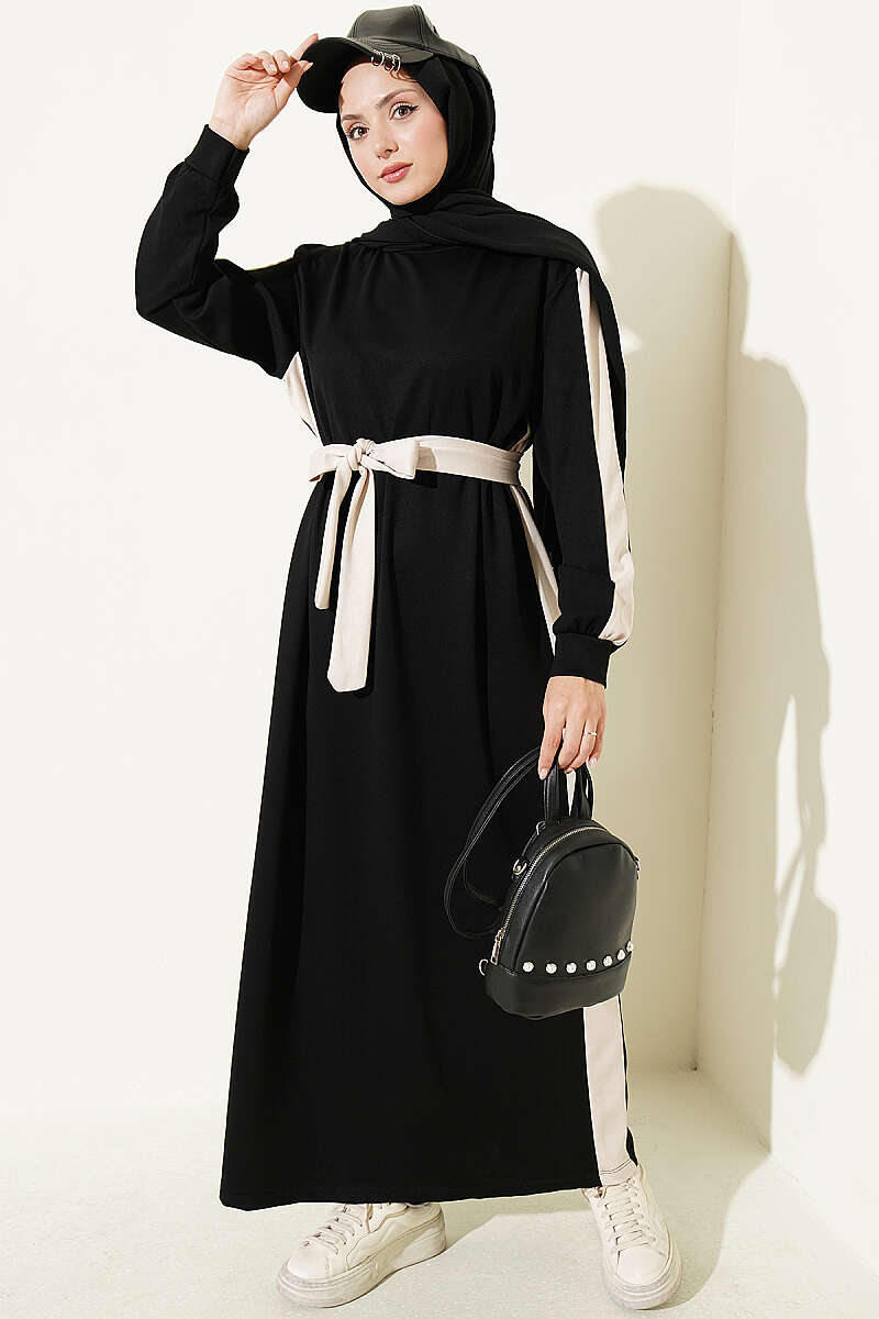 Belted Dress with Stripe Trim - Black