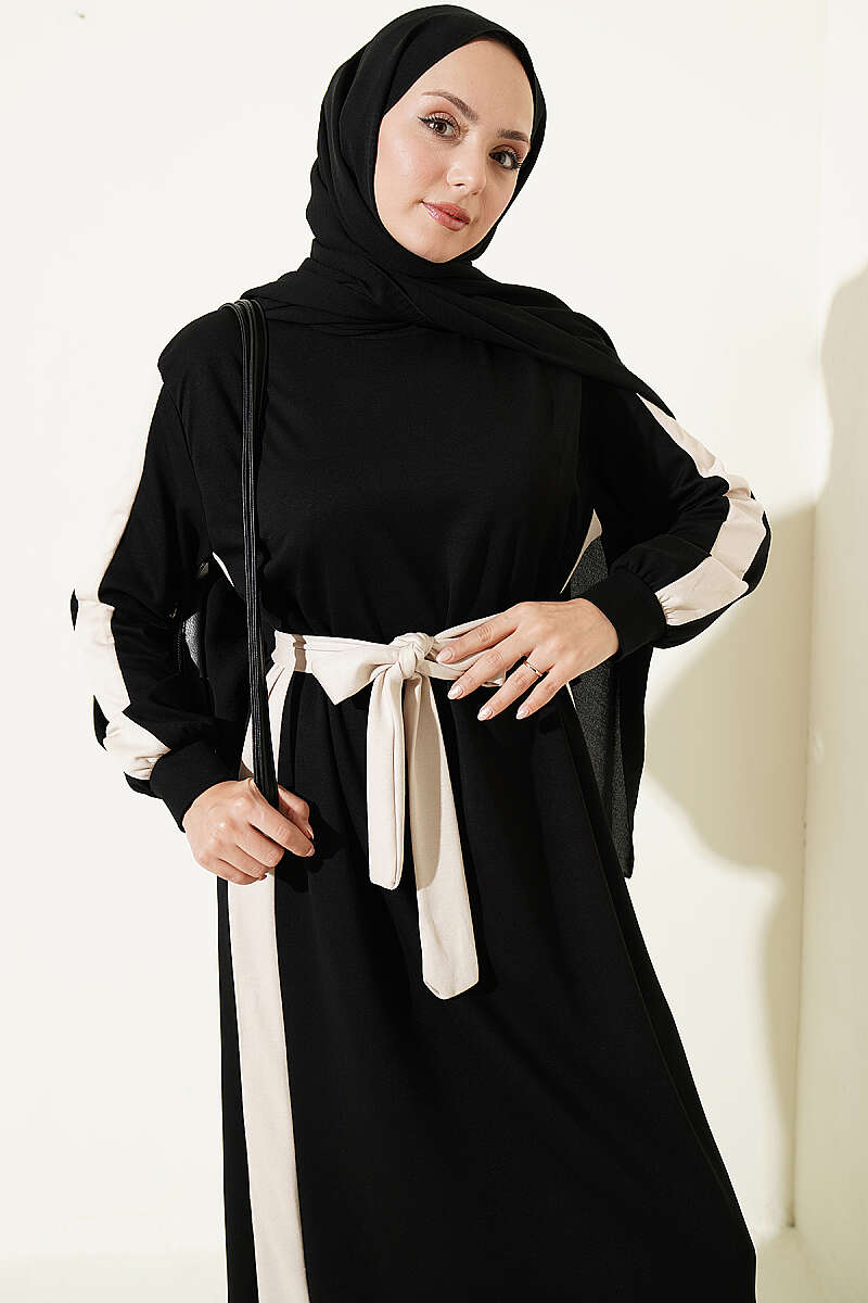 Belted Dress with Stripe Trim - Black