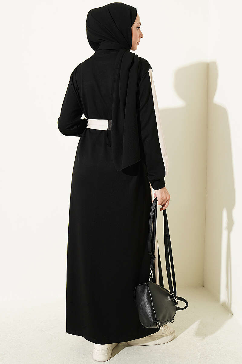 Belted Dress with Stripe Trim - Black