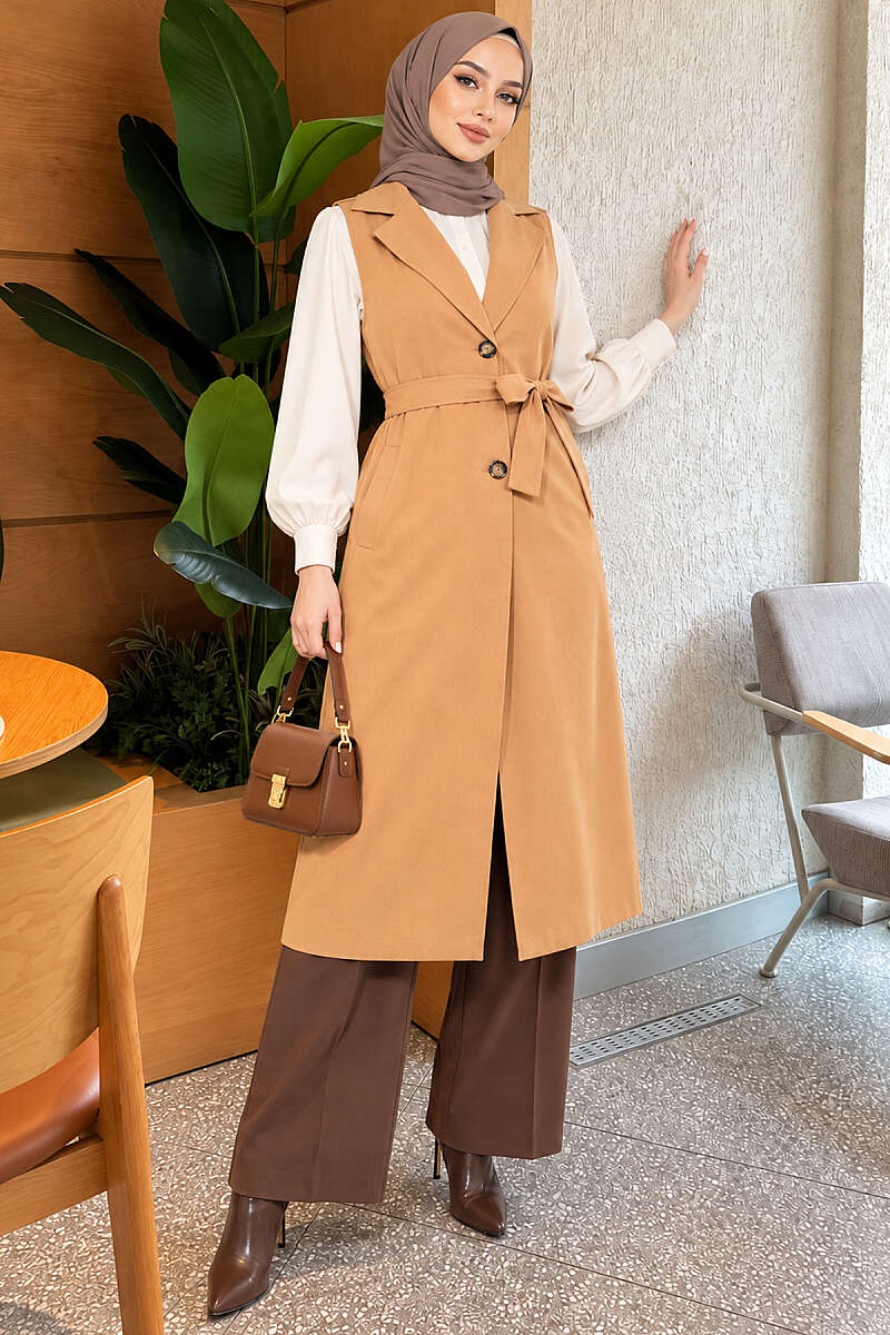 Belted Sleeveless Trench Coat - Camel