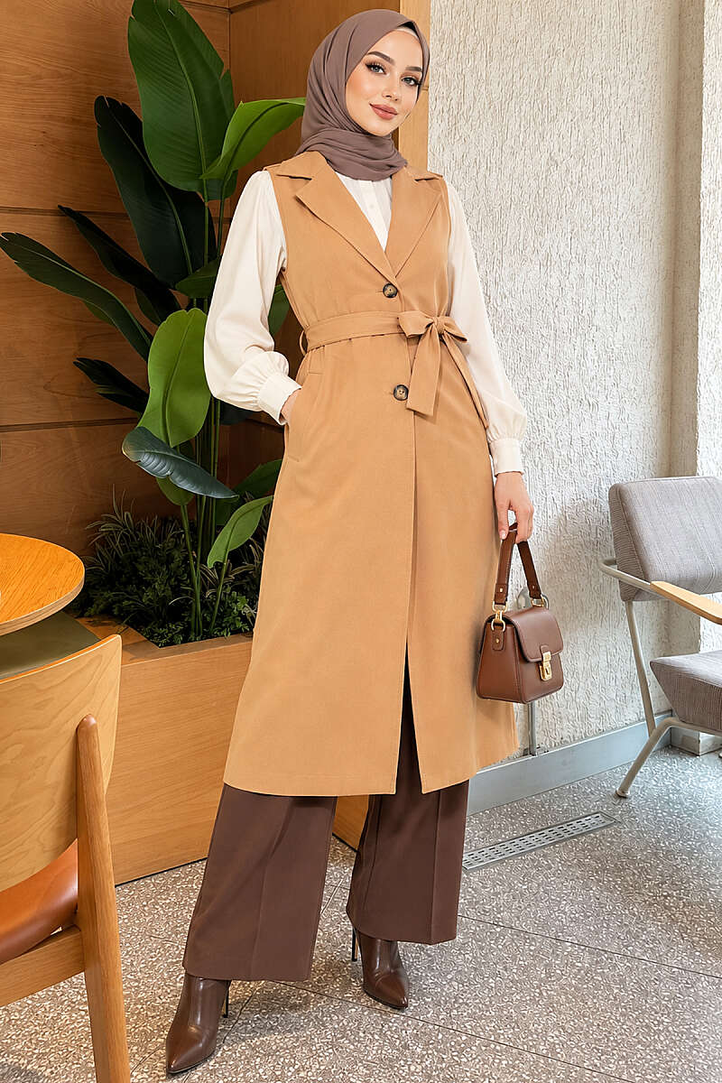 Belted Sleeveless Trench Coat - Camel