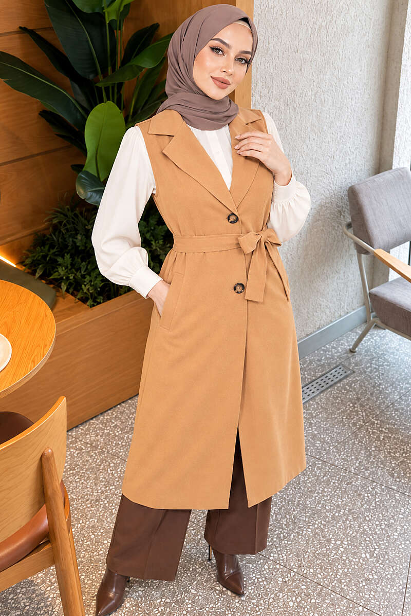Belted Sleeveless Trench Coat - Camel