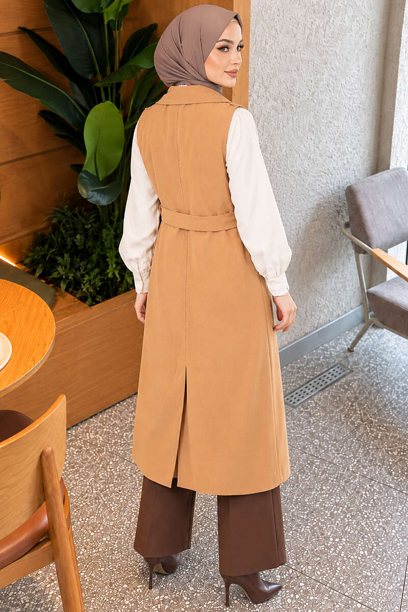 Belted Sleeveless Trench Coat - Camel