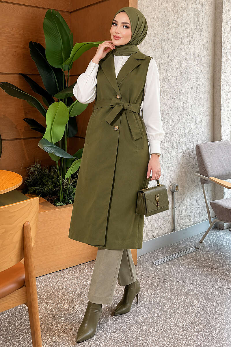 Belted Sleeveless Trench Coat - Khaki