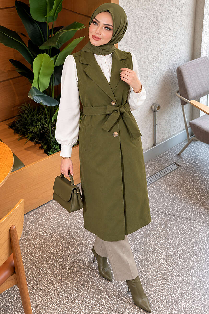 Belted Sleeveless Trench Coat - Khaki