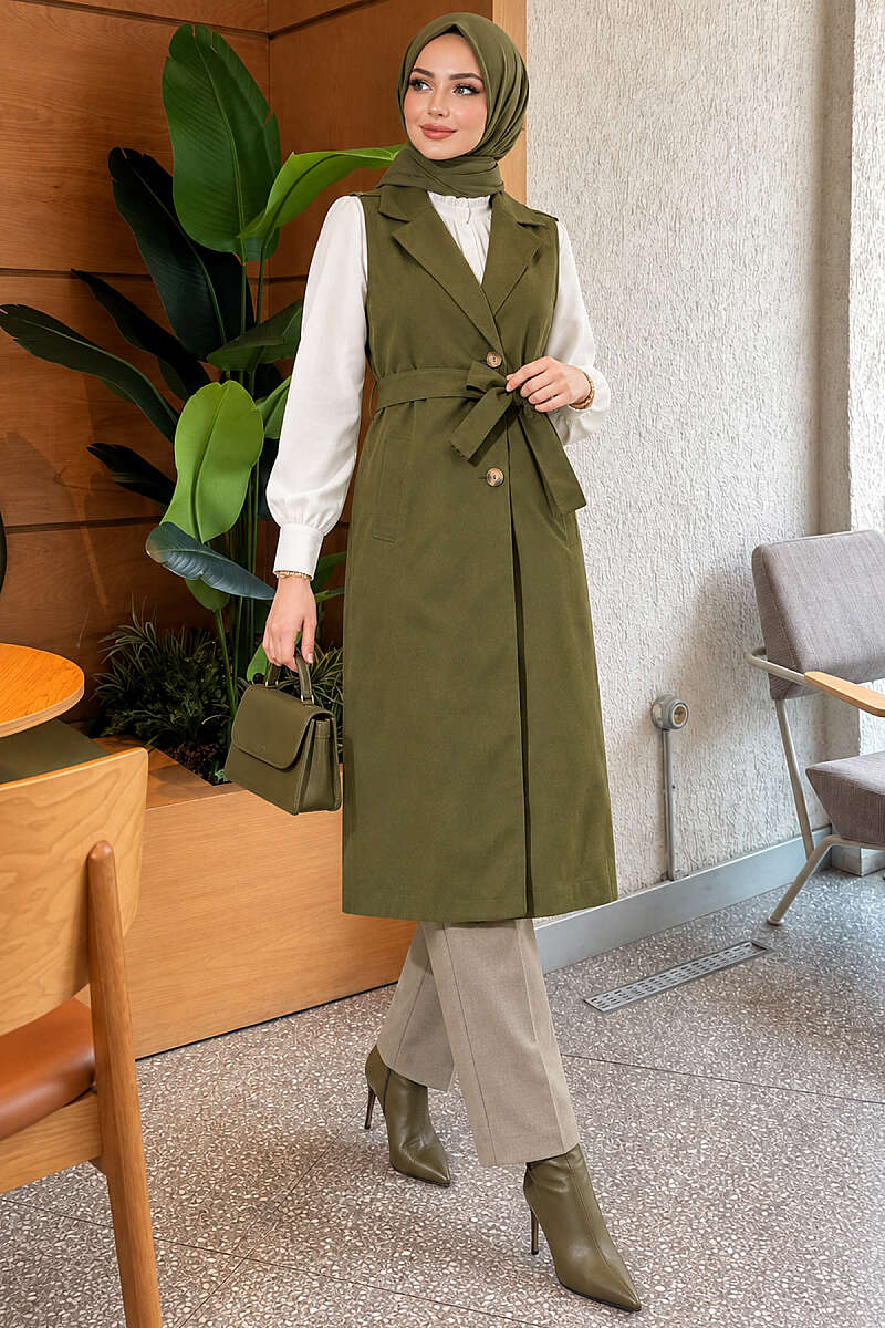 Belted Sleeveless Trench Coat - Khaki