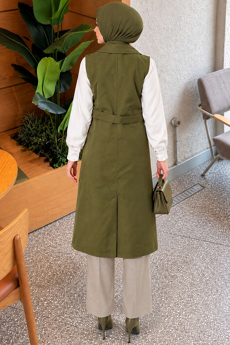 Belted Sleeveless Trench Coat - Khaki