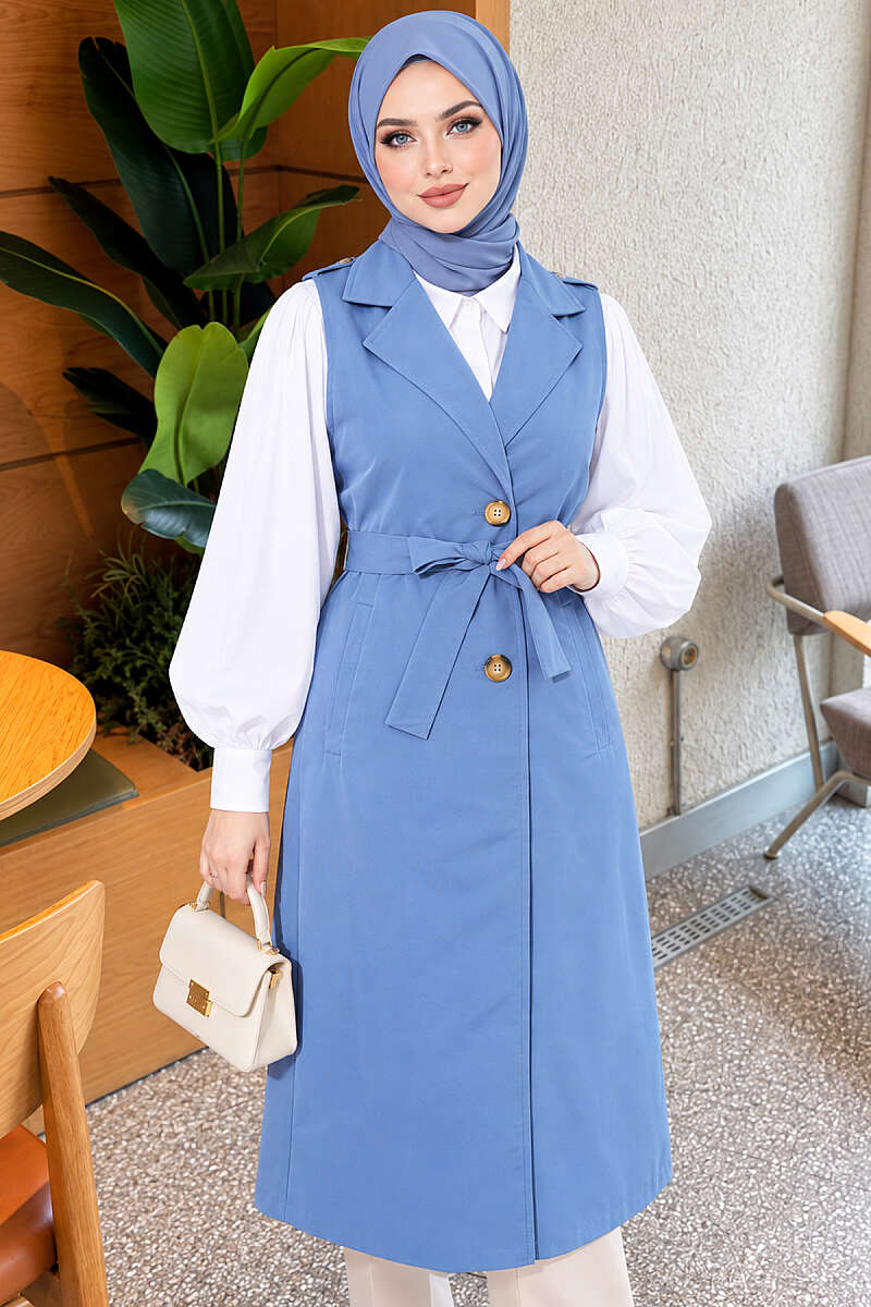 Belted Sleeveless Trench Coat - Indigo