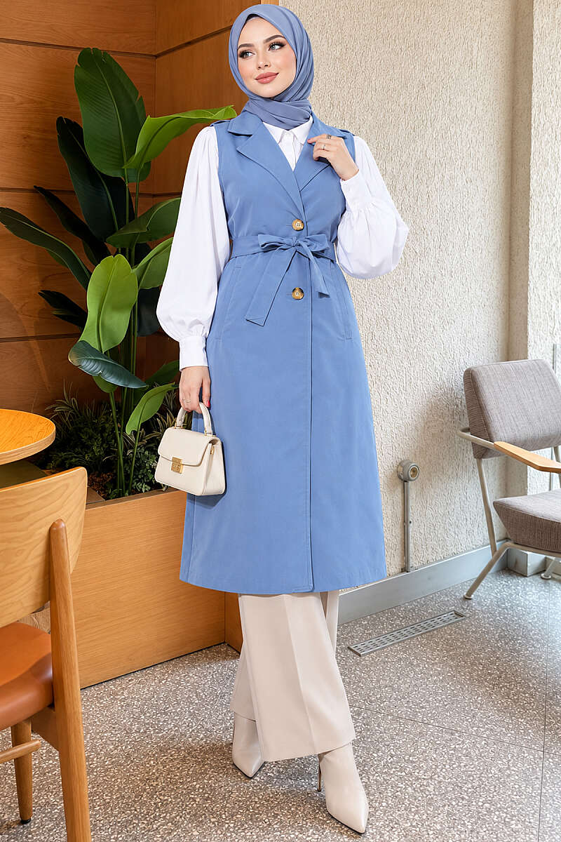 Belted Sleeveless Trench Coat - Indigo