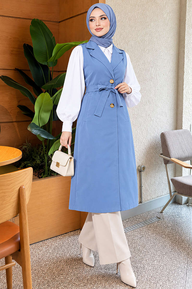 Belted Sleeveless Trench Coat - Indigo
