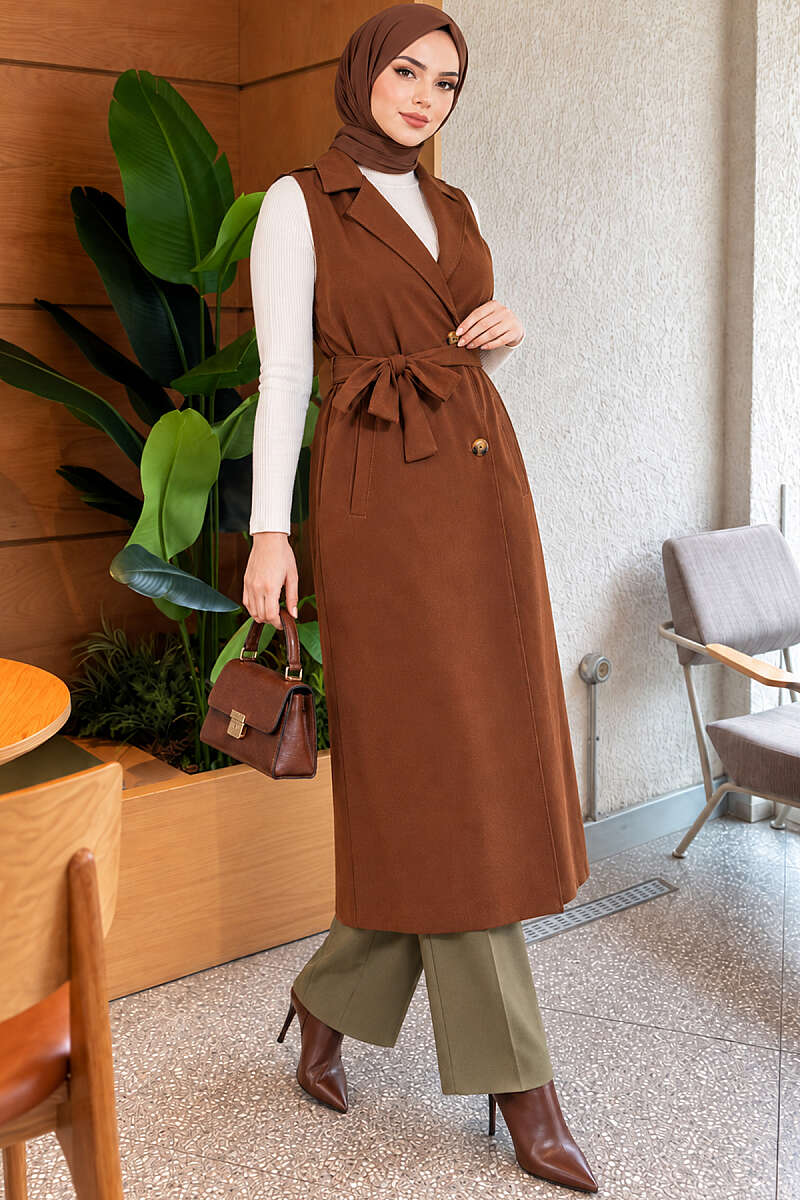 Belted Sleeveless Trench Coat - Brown