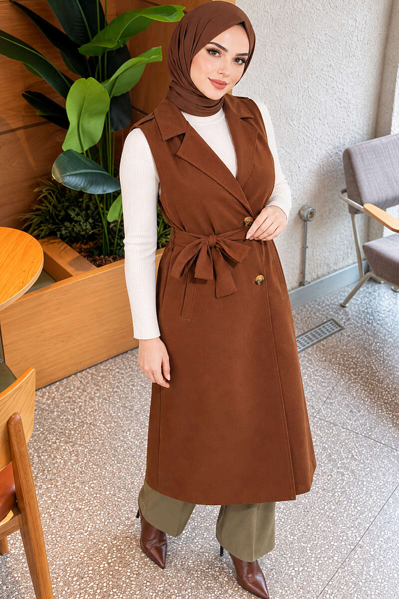 Belted Sleeveless Trench Coat - Brown