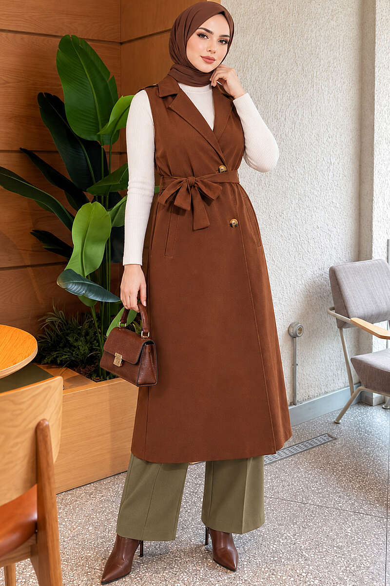 Belted Sleeveless Trench Coat - Brown