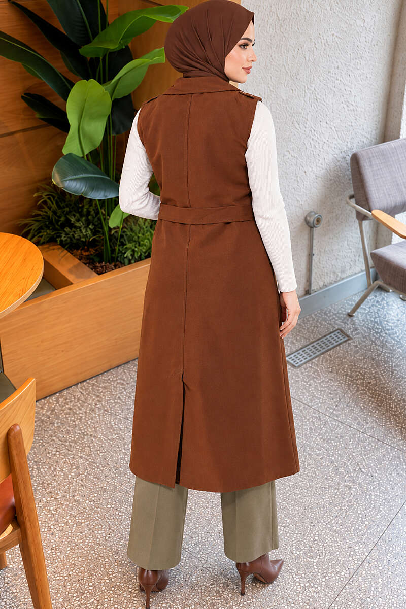 Belted Sleeveless Trench Coat - Brown