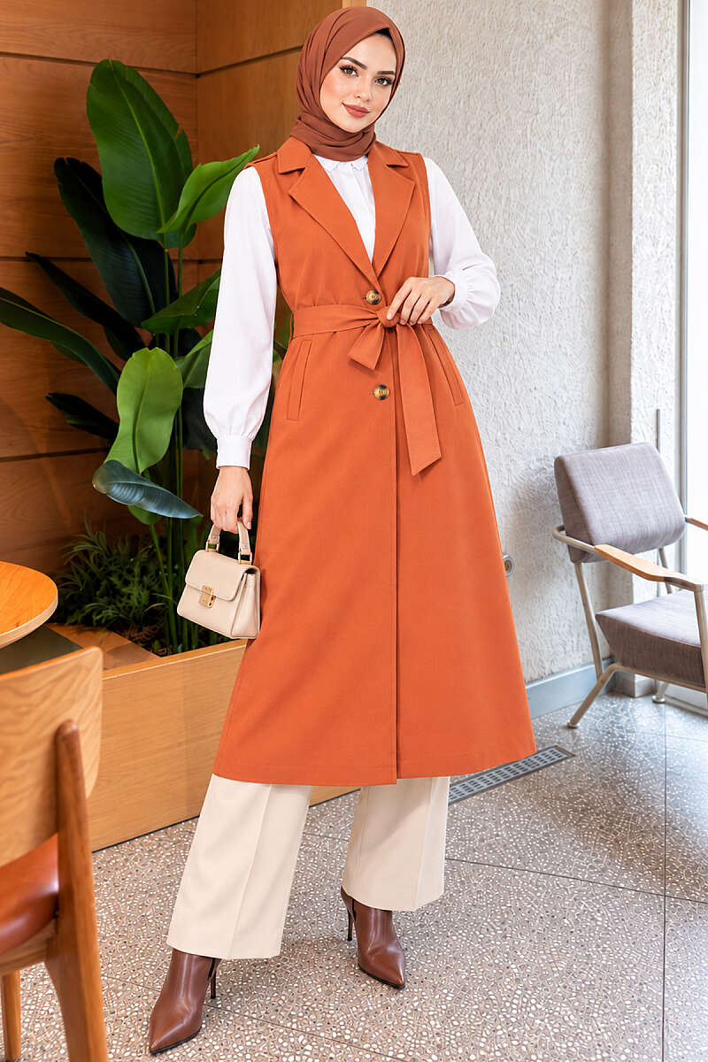 Belted Sleeveless Trench Coat - Brick