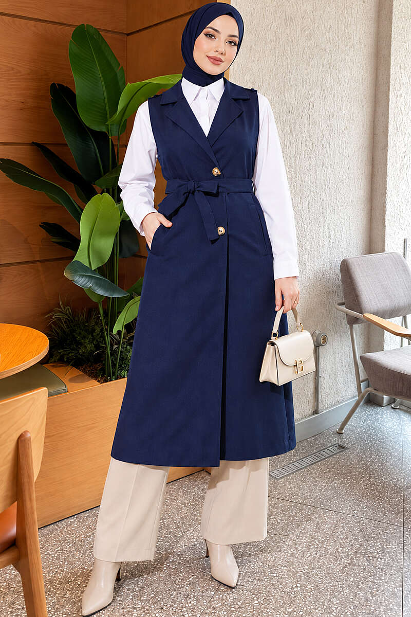 Belted Sleeveless Trench Coat - Navy