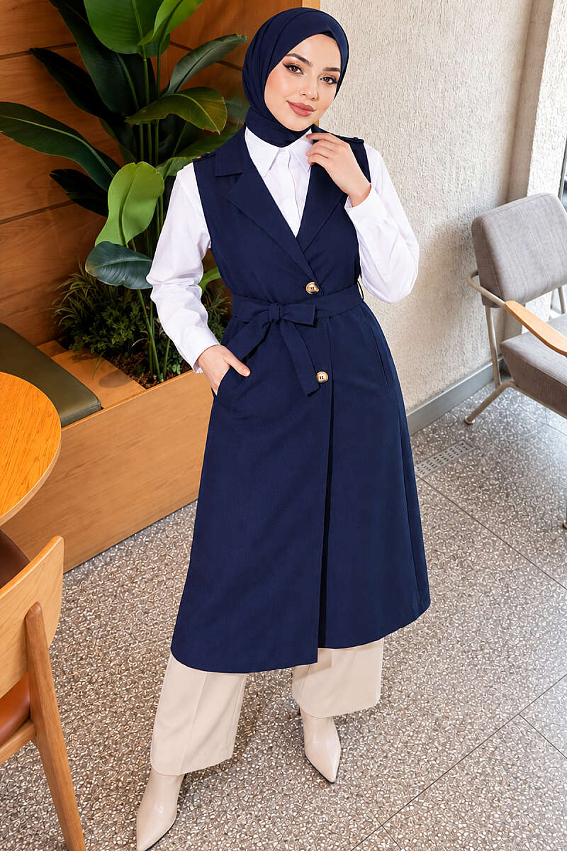 Belted Sleeveless Trench Coat - Navy