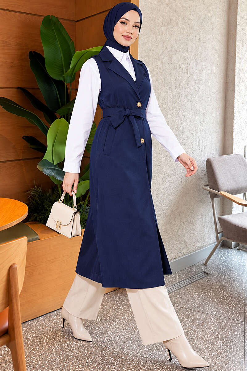 Belted Sleeveless Trench Coat - Navy