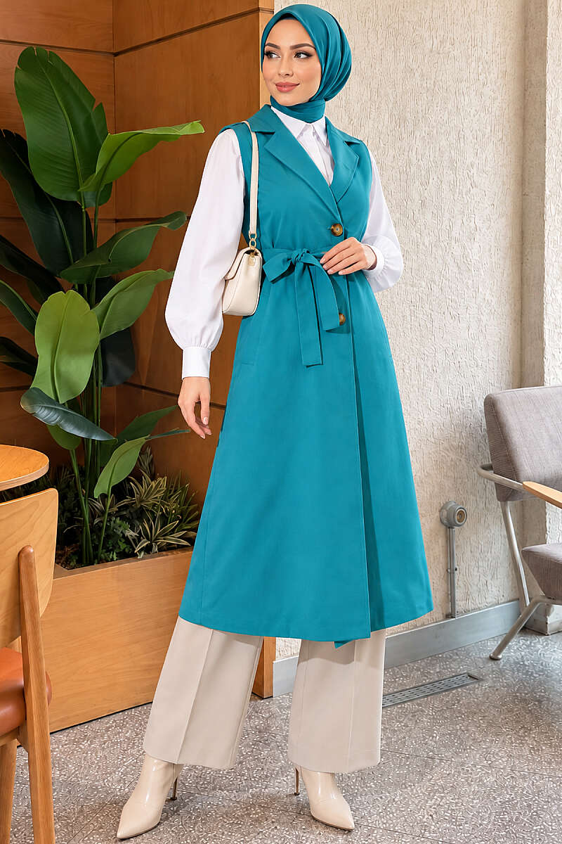 Belted Sleeveless Trench Coat - Petrol Green