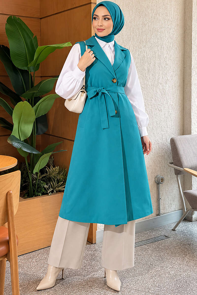 Belted Sleeveless Trench Coat - Petrol Green