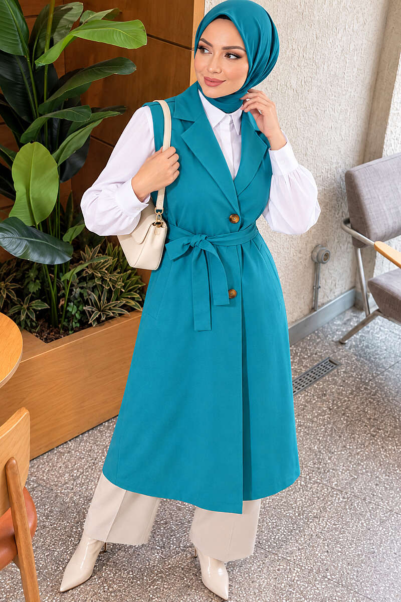 Belted Sleeveless Trench Coat - Petrol Green