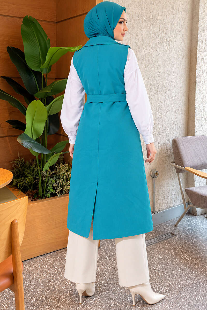 Belted Sleeveless Trench Coat - Petrol Green
