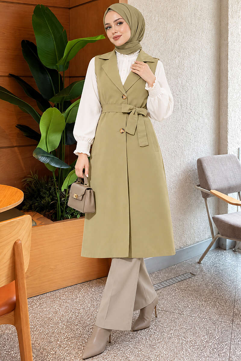 Belted Sleeveless Trench Coat - Aqua Green
