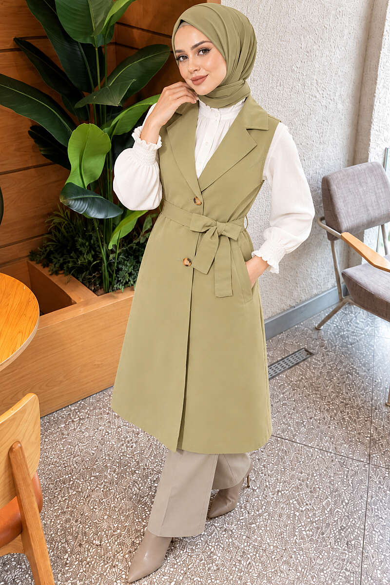 Belted Sleeveless Trench Coat - Aqua Green