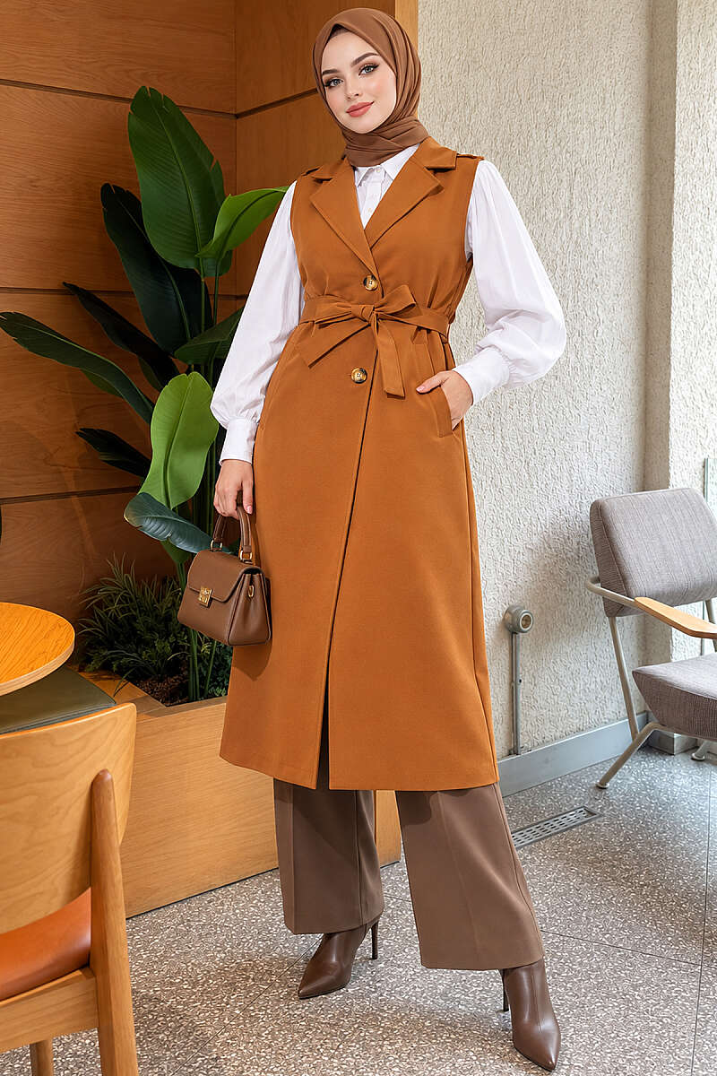Belted Sleeveless Trench Coat - Tan