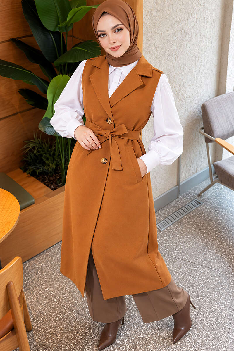 Belted Sleeveless Trench Coat - Tan