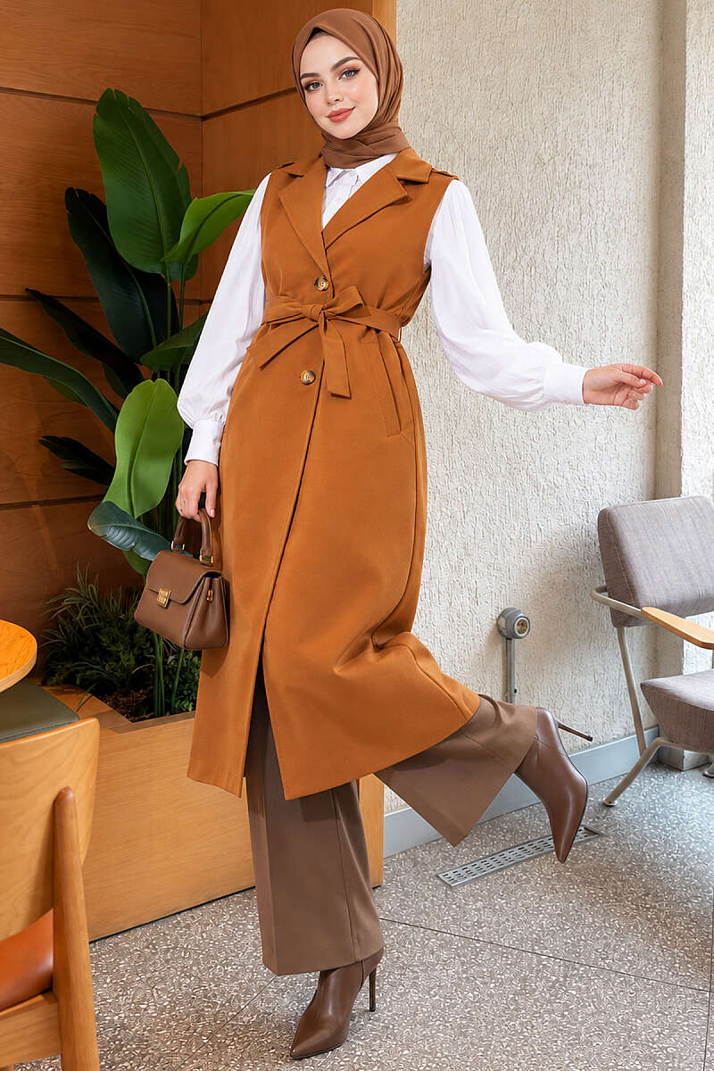Belted Sleeveless Trench Coat - Tan
