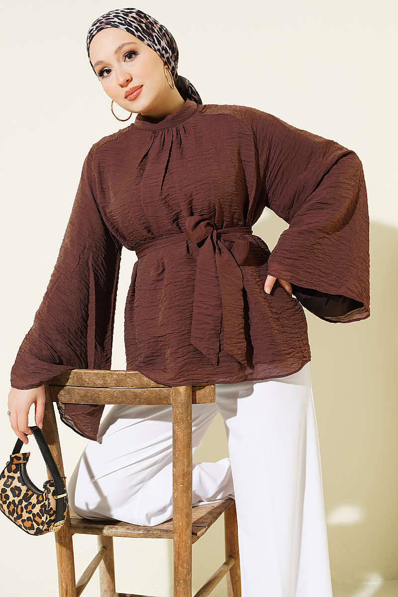 Belted Chiffon Batwing Tunic - Brown