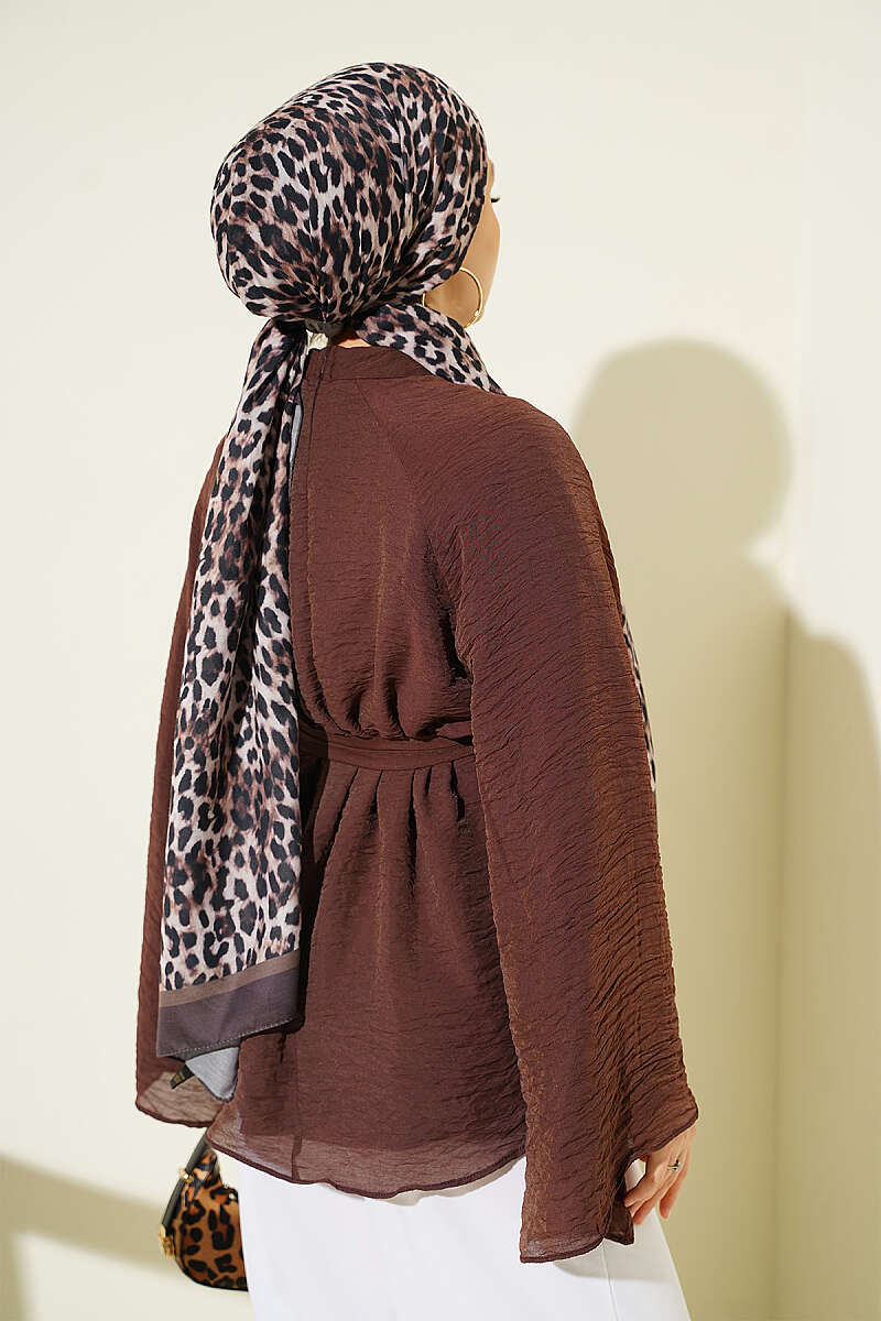 Belted Chiffon Batwing Tunic - Brown