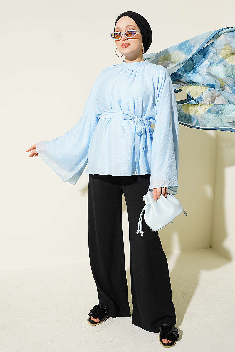 Belted Chiffon Batwing Tunic - Blue